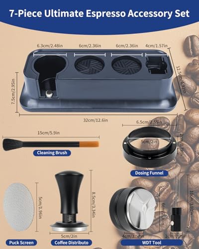 7 Pack 51mm Espresso Accessories – Tamper Station, Coffee Distributor, WDT Tool, Tamping Mat, Dosing Funnel, Brush & Puck Screen – Barista Tools Kit for Espresso Machines at Home or Cafe - size: 51mm