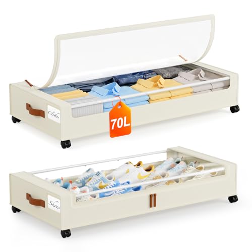Yecaye Under Bed Storage with Wheels 2 Pack, 70L Larger Capacity Under Bed Storage Containers, Underbed Shoe Storage Organizer, Rolling Under Bed Metal Drawers for Clothes, Blankets(35.5 x 17 x 6.7in) - color: Beige, size: Extra Large(2pack)