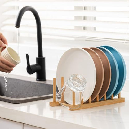 HBlife Bamboo Dish Plate Bowl Cup Book Pot Lid Cutting Board Drying Rack Stand Drainer Storage Holder Organizer Kitchen Cabinet（Keep Dry） - color: Bamboo 6 Slots 1pcs