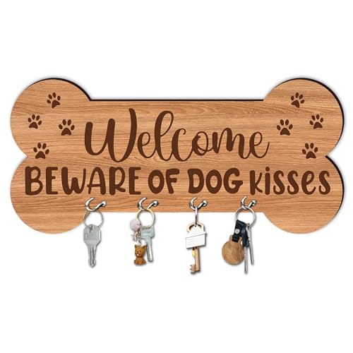 5“x 10” Wooden Key Holder with 4 Hooks - Welcome Beware of Dog Kisses Decorative Key Organizer for Wall - Home Office Kitchen Hallway Entryway Wall Decor for Keys, Dog Leash Hanging - A02 - color: Welcome Beware Of Dog Kisses