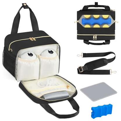 PIIOSER Breastmilk Cooler Bag with Ice Pack, Fits 6 Baby Bottles Up to 9 Ounce, Insulated Bottle Travel Bags with Shoulder Strap-Wearable Breast Pump Carrying Case for Nursing & Working Moms - color: Black