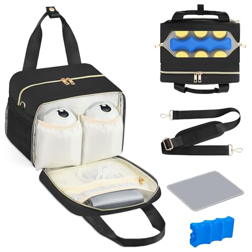 PIIOSER Breastmilk Cooler Bag with Ice Pack, Fits 6 Baby Bottles Up to 9 Ounce, Insulated Bottle Travel Bags with Shoulder Strap-Wearable Breast Pump Carrying Case for Nursing & Working Moms - color: Black
