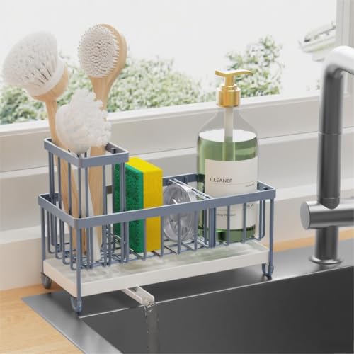 Cisily Sponge Holder for Kitchen Sink, Sink Caddy Organizer with High Brush Holder, Kitchen Countertop Organizers and Storage Essentials, Rustproof 304 Stainless Steel (Gray Blue, 9.25″) - color: Gray Blue - 9.25″