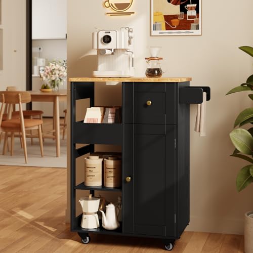 Gizoon Kitchen Island Cart on Wheels, with Thickened Wooden Countertop, Rolling Serving Utility Cart with Drawers and Doors, Bar Cart with Adjustable Shelf and Removable Tray for Dining Room, Black - color: Black & Tabletop-oak Color