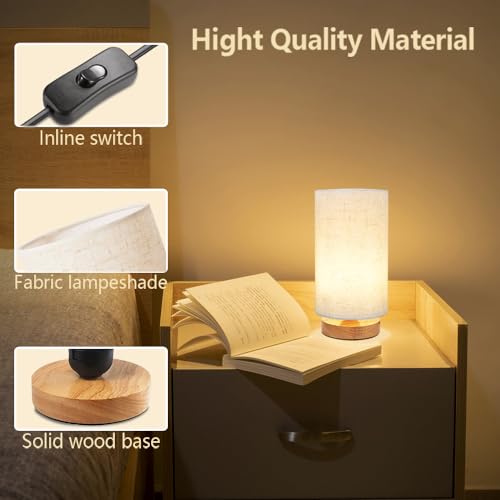 Small Bedside Table Lamp for Bedroom, Minimalist Wood Base & Round Fabric Shade, Mini Cute Cozy Warm White Nightstand Boho Lamp, Study Desk Night Stand Light for Room, Dorm, Nursery, Living Room - size: Round - Set of 1