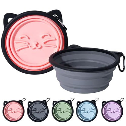 2Pack Silicone Collapsible Dog Bowls, Cute Pet Ear Shape and Cat Graphic Travel Water Bowl Full of Pet Atmosphere 25oz Portable Feeder for Small Large Dog Walking Hiking Camping (Pink and Grey) - color: Pink and Grey