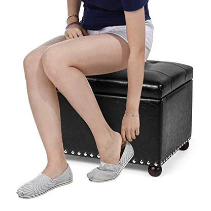 Joveco Leather Storage Ottoman, 24" Rectangle Tufted Foot Rest Stool, for Living Room Bedroom, Midnight Black - color: Midnight Black
