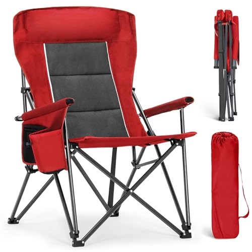 ALPHA CAMP Oversized Folding Camping Chairs for Adults High Backrest Heavy Duty Lawn Chairs Support 500 LBS Portable Camp Chairs with Cup Holders Large Side Pocket Outdoor Chair - color: Red
