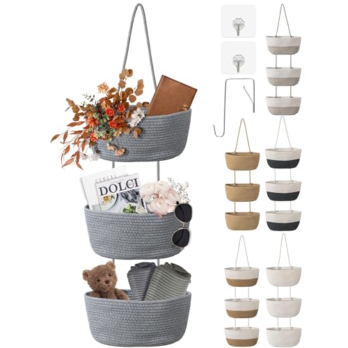 3 Tier Wall Mounted Woven Hanging Basket, Over the Door Hanging Basket with Hooks, Decorative Storage Hanging Closet Removable, Large Wall Basket for Living Room, Bedroom, Kitchen (Gray) - color: Grey