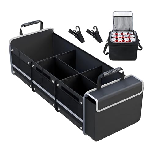 Collapsible Trunk Organizer for Car with Insulated Leakproof Cooler Bag, 3 Compartments SUV Cargo Organizer w/Removable Dividers, 5-in-1 Storage w/Foldable Lid & 2 Tie-Down Straps (Black) - color: Black