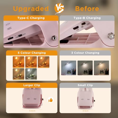 Akynite Desk Lamp LED Clip on Light, 5 Modes 5 Brightness Dimmable Clamp Light, Rechargeable Battery Flexible Clip on Reading Lamp for Bed Headboard Bunk Bed at Night for Kids (Pink) - color: Pink