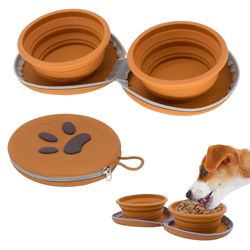 Collapsible Dog Bowls, 2-in-1 Pet Portable Travel Double Bowl Water Food Feeder Traveling Camping & Walking 25oz Brown - color: Brown