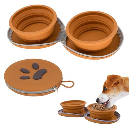 Collapsible Dog Bowls, 2-in-1 Pet Portable Travel Double Bowl Water Food Feeder Traveling Camping & Walking 25oz Brown - color: Brown