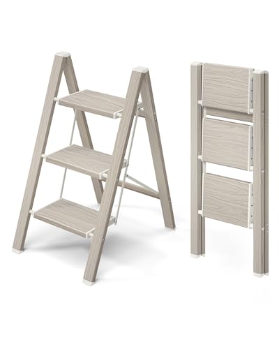 Mayi Plus 3 Step Ladder,Aluminum Folding Step Stool for Adults,Step Ladder with Wide Anti-Slip Pedal,330 lbs Capacity for Home,Kitchen,Library,Office(Fir Woodgrain) - color: Fir Woodgrain, size: 3 Step