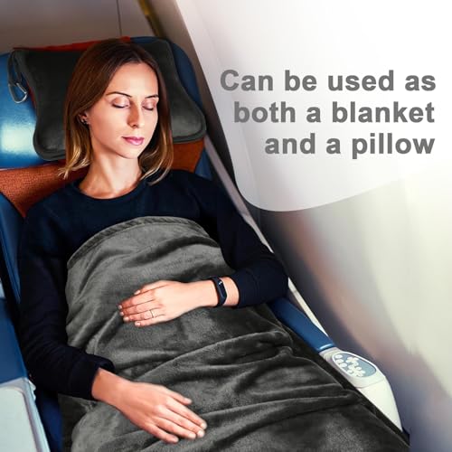 Travel Blanket and Pillow Compact, Premium Soft 2 in 1 Airplane Blanket with Soft Bag Pillowcase，Hand Luggage Sleeve and Backpack Clip (Solid Grey) - color: Solid Grey