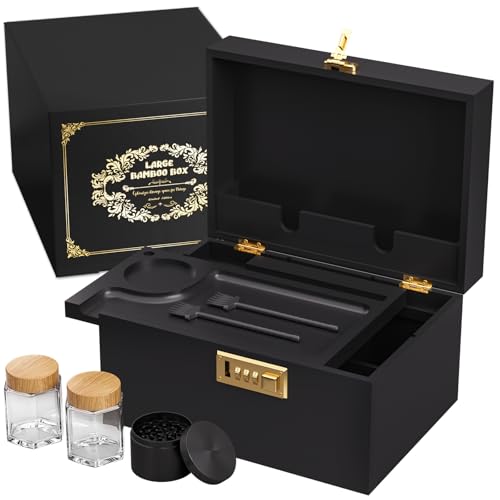 Bamboo Storage Box with Lid and Lock - Wooden Storage Box with Rolling Tray, Adjustable Dividers, Elegant Storage Organizer, Gift for Men - color: Black, size: Medium