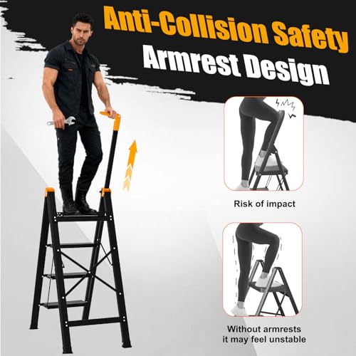4 Step Ladder with Single-Handrail, Aluminum Step Stool Foldable, Lightweight Sturdy Step Ladder with Anti-Slip Pedals,Convenient Handrail for Home Kitchen Closet, 600lbs Max Load Capacity (Yellow) - color: Yellow, size: 4 steps