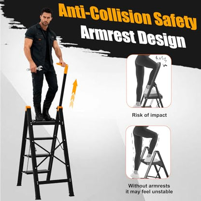 4 Step Ladder with Single-Handrail, Aluminum Step Stool Foldable, Lightweight Sturdy Step Ladder with Anti-Slip Pedals,Convenient Handrail for Home Kitchen Closet, 600lbs Max Load Capacity (Yellow) - color: Yellow, size: 4 steps