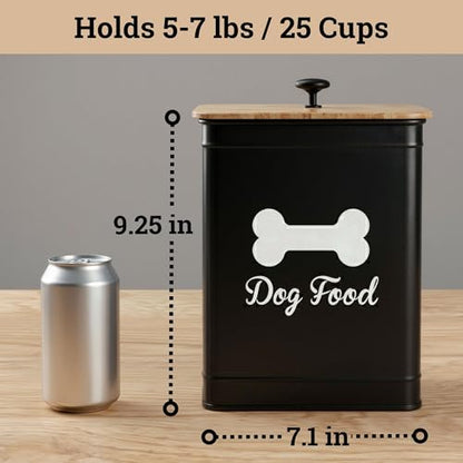 Dog Food Container Airtight 5-7 lb (25 Cup) Capacity - Cute Airtight Dog Food Storage Container with Bamboo Lid & Sturdy Metal Handle - Black Metal Kibble Storage Bin for Dogs up to 50 lbs - Pet Jar - color: Black