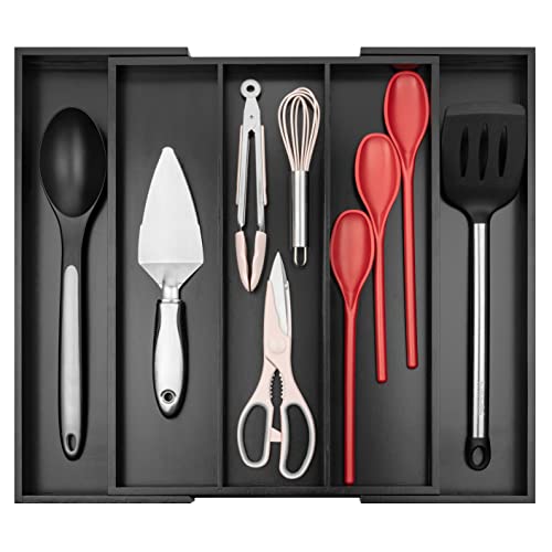 Purawood Kitchen Drawer Organizer - Expandable Utensil Organizer for Kitchen, Cutlery Tray & Silverware Organizer, 3-5 Slots - Bamboo Drawer Organizer for Utensils & Flatware (Black) - color: Black, size: 5 Slot