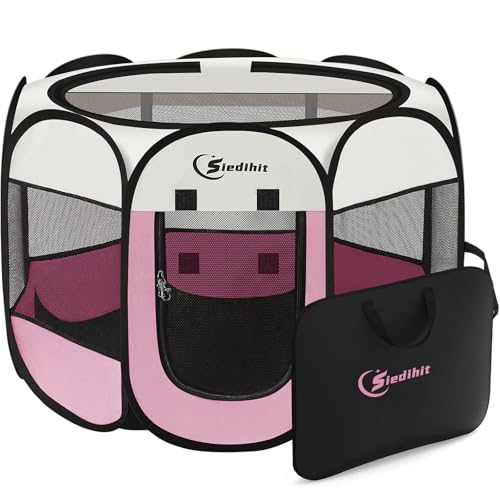 Siedihit Pink Puppy Playpen for Middle Dog Cat, Dog Tent Crates Cage Indoor/Outdoor, Portable Pop Up Dog Kennel with Carrying Bag for Rabbits, (Pink, Medium) - color: Pink