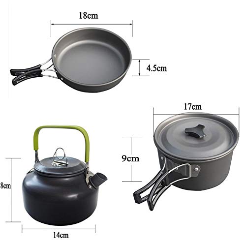 JZK Camp Cookware 2-3 People Set, Pan Pot Teapot Lightweight Outdoor Portable Camping Cooker Set for Trekking Hiking BBQ Picnic Campfire