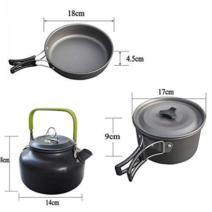 JZK Camp Cookware 2-3 People Set, Pan Pot Teapot Lightweight Outdoor Portable Camping Cooker Set for Trekking Hiking BBQ Picnic Campfire