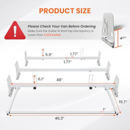 Van Roof Ladder Rack Fit for 1996-2025 Chevy Express 1500/2500/3500 Vans, with Rear Roller, 850 lbs Heavy Duty, 3 Adjustable Crossbars (48"-67"), Rain Gutter Mounts, No Drill