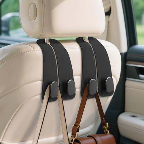 Car Seat Headrest Hooks - 2 Pack Universal Car Purse Hook, Leather Car Bag Purse Holder with Double Metal Hooks for Handbags, Grocery Bags, Bottles, Phones - color: Black
