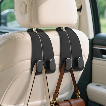 Car Seat Headrest Hooks - 2 Pack Universal Car Purse Hook, Leather Car Bag Purse Holder with Double Metal Hooks for Handbags, Grocery Bags, Bottles, Phones - color: Black
