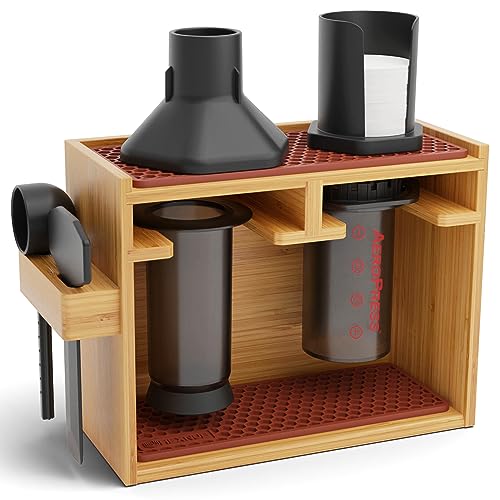 HEXNUB Organizer Stand for AeroPress Bamboo Coffee Caddy Original Brown | Handmade Coffee Caddy with Filter Holder, Mug Storage Rack, Accessory Station and Silicone Drip Mats - color: Original - Brown Mats