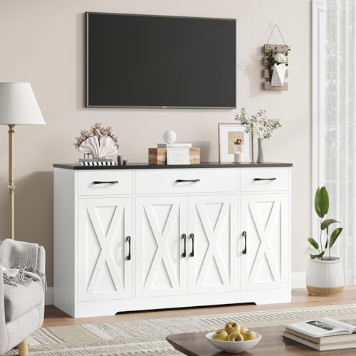 HOSTACK Buffet Sideboard Cabinet with Drawers, 55" Large Buffet Storage Cabinet with Shelves and Doors, Modern Farmhouse Coffee Bar Station Wood Kitchen Table for Kitchen, Dining Room, White/Black - color: White/Black