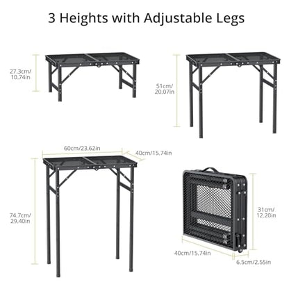 Anbte 2ft Folding Grill Table Max 29.5", 3 Adjustable Height Lightweight Camping Table with Heat-Resistant Mesh Tabletop Portable Handle, Waterproof, for Cooking BBQ Outdoor, 22.8" X 16", Black - size: 24"L x 16"W x 29.5H"