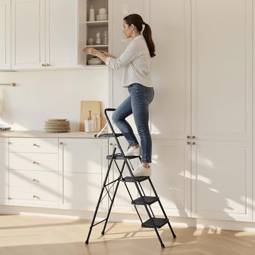 VEVOR 4 Step Ladder, Folding Step Stool with Wide Anti-Slip Pedal, Tool Tray, Comfort Handgrip, 600 lbs Capacity Portable Steel Ladder, Multi-Use for Kitchen, Home, Household and Office, Black - size: 18.3 x 35.8 x 57 in(Expanded)
