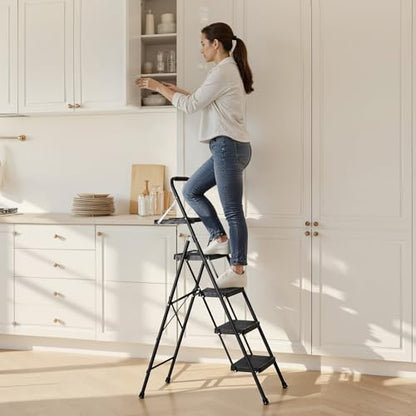 VEVOR 4 Step Ladder, Folding Step Stool with Wide Anti-Slip Pedal, Tool Tray, Comfort Handgrip, 600 lbs Capacity Portable Steel Ladder, Multi-Use for Kitchen, Home, Household and Office, Black - size: 18.3 x 35.8 x 57 in(Expanded)