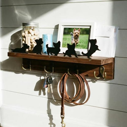 Solid Walnut Dog Leash Holder for Wall, Custom Dog Metal Silhouette Key Hanger & Top Shelf for Entryway Storage, Heavy Duty Pet Collar Rack, 15.8 Inch (Yorkshire Terrier)