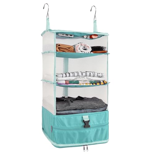 Surblue Hanging Closet Storage Bag Collapsible 3-Shelf Washable Oxford Fabric with 2 Hooks (L 11.41 * 11.41 * 19.68in, Aqua Blue) - color: Aqua Blue, size: L 11.41*11.41*19.68in