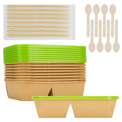 8 Pack 32oz Paper Lunch Box Bento Boxes, 2-Compartment Kraft Brown Paper Take Out Food Containers with Lids, Leakproof & Microwave Safe, Disposable To Go Boxes for Picnics, Offices, Catering, Green - color: Green Lid & Kraft Brown Box