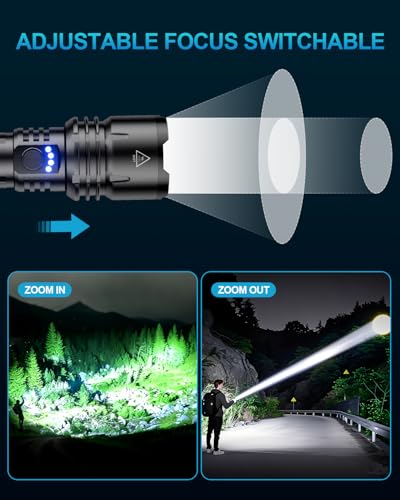 Flashlight 2000 High Lumens, Rechargeable Zoomable LED Tactical Flashlight with Ignition Lens, Emergency Flashlight for Camping Home Security, 5 Modes Waterproof Handheld Flashlights - color: Black