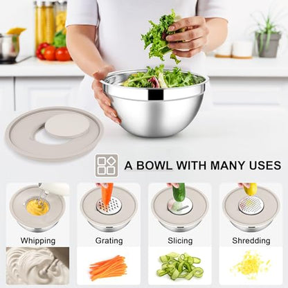 E-far Mixing Bowls with Lids Set, 21PCS Stainless Steel Mixing Salad Bowls with 3 Grater Attachments, Size 7, 4.6, 3.5, 2.6, 2, 1.5, 1QT, Nesting Design & Khaki Airtight Lid, For Baking/Prepping - color: Khaki, size: 7 Large Sizes