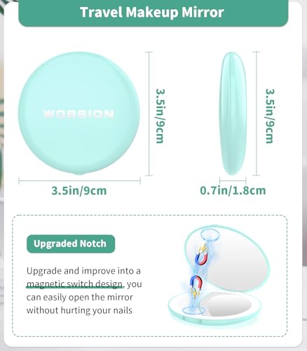 WOBSION LED Lighted Travel Makeup Mirror, 1x/10x Magnification, Compact, Portable for Handbag, Purse, Pocket, 3.5 inch Illuminated, Folding, Handheld, 2-Sided, Round, Cyan - color: 3.5inch Battery Cyan