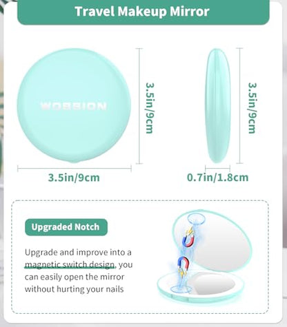WOBSION LED Lighted Travel Makeup Mirror, 1x/10x Magnification, Compact, Portable for Handbag, Purse, Pocket, 3.5 inch Illuminated, Folding, Handheld, 2-Sided, Round, Cyan - color: 3.5inch Battery Cyan