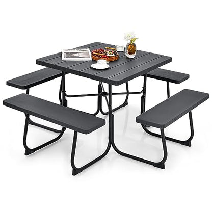 Tangkula 8 Person Picnic Table, Outdoor Square Picnic Table with 4 Built-in Benches, Umbrella Hole, Metal Frame & HDPE Tabletop, Outside Table and Bench Set for Backyard, 2300lbs Weight Capacity - color: Black
