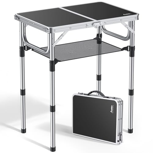Anbte Folding Camping Table, Aluminum 24" x 16" Adjustable Height Small Folding Table with Carrying Handle, Lightweight, Portable Camping Table Waterproof for Outdoor Indoor Picnic Beach BBQ (Black) - color: Black