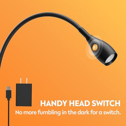 acegoo Minimalist Reading Light for Bed Headboard Dimmable Book Light Clip on Lamp with USB-C Adapter, Flexible Neck & Handy Lamp Head Switch, CRI 90+ - color: Black