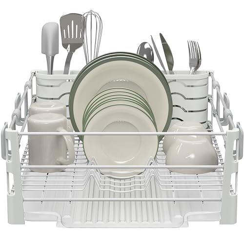 Simple Houseware White Dish Drying Rack with Drainboard, Utensil Holder & Mug Hooks – Metal Kitchen Counter Organizer - color: White