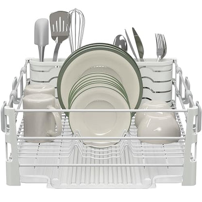 Simple Houseware White Dish Drying Rack with Drainboard, Utensil Holder & Mug Hooks – Metal Kitchen Counter Organizer - color: White