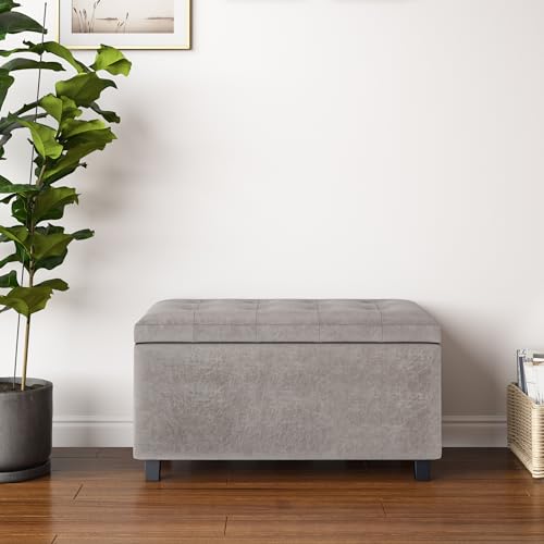 SIMPLIHOME Cosmopolitan Storage Ottoman - 34 inch Wide Upholstered Vegan Leather Rectangle Storage Ottoman Bench in Distressed Grey Taupe, Transitional Tufted Ottoman for Living Room with Lift-Up Lid - color: Distressed Grey
