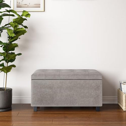 SIMPLIHOME Cosmopolitan Storage Ottoman - 34 inch Wide Upholstered Vegan Leather Rectangle Storage Ottoman Bench in Distressed Grey Taupe, Transitional Tufted Ottoman for Living Room with Lift-Up Lid - color: Distressed Grey