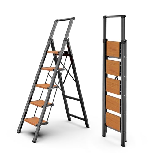 WOA WOA 5 Step Ladder, Ladders for Home, Anti-Slip Pedals, Aluminum Step Stool Foldable, Lightweight to Move, Ease of Storage, Reach 10ft for Closet Kitchen Library, Hold 300lbs - Black&Wood Grain - color: Black & Wood Grain, size: 5 Step